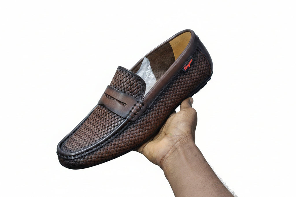 Dark brown woven leather slip-on driving loafer