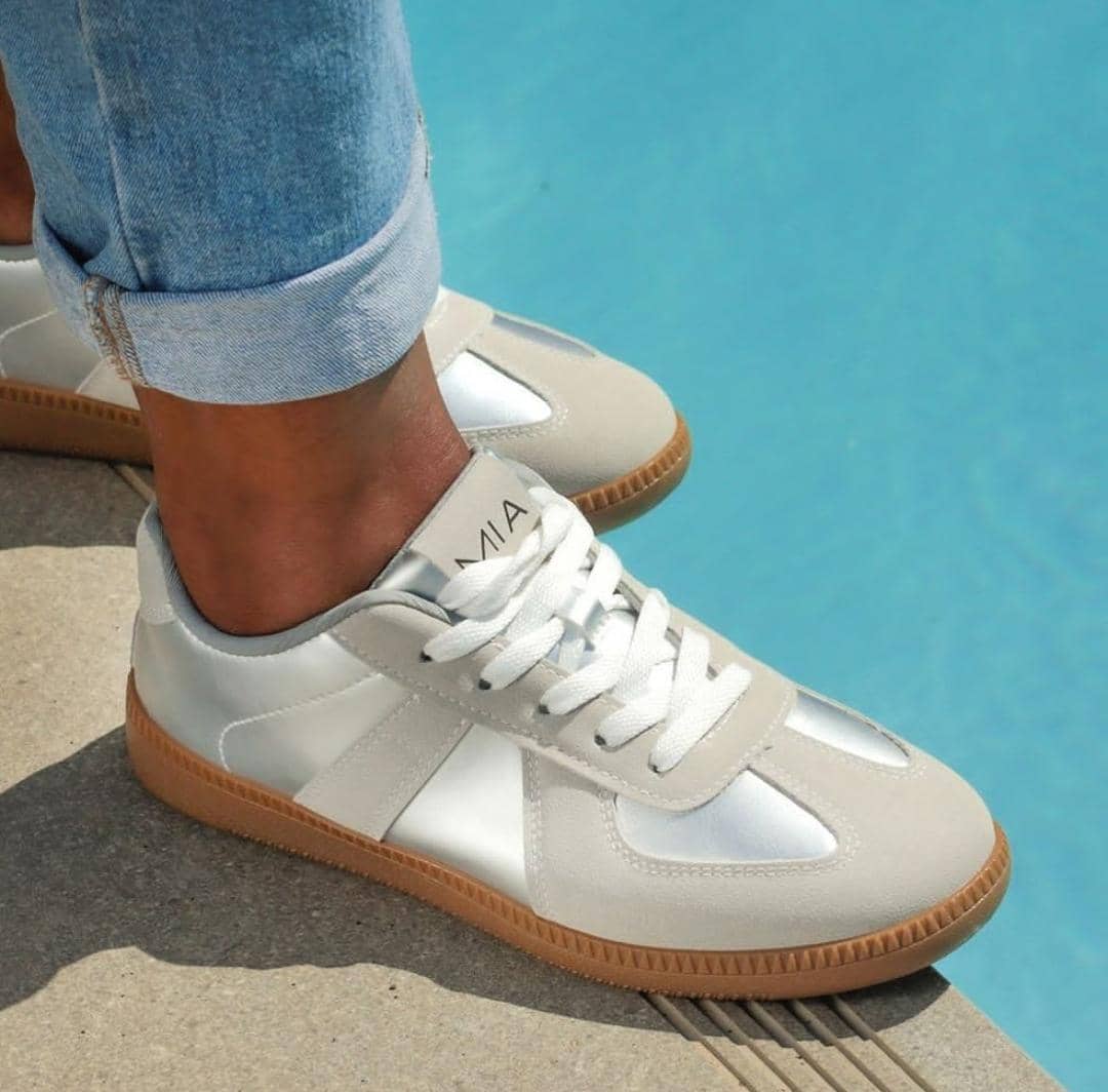 Silver and off-white retro low-top sneakers