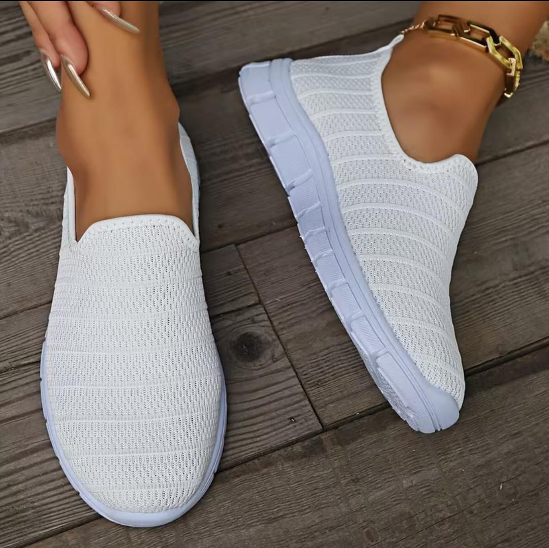 White breathable mesh slip-on sneakers