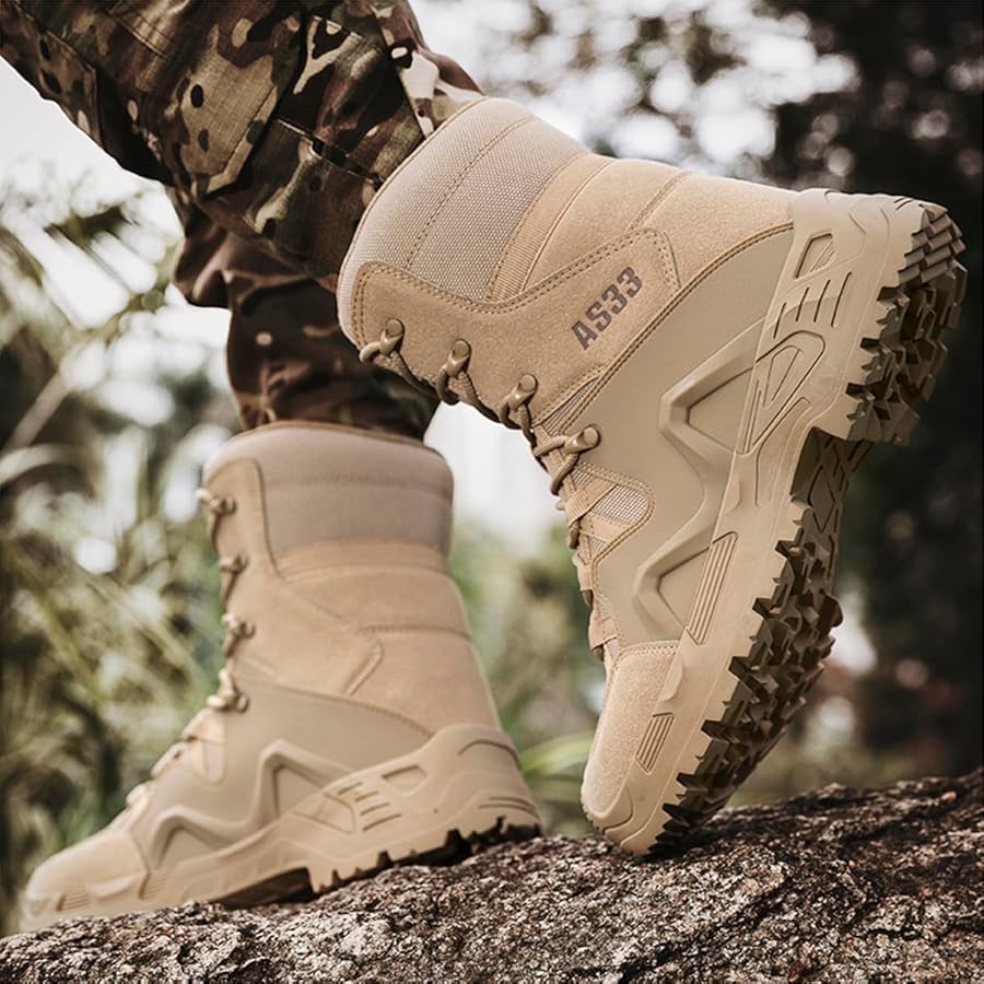 AS33 tactical boots featuring a desert khaki color and reinforced toe design.