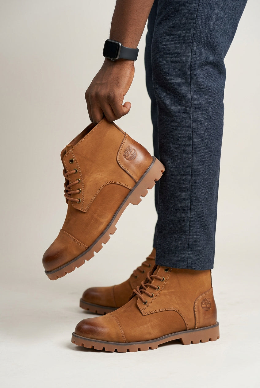 Brown leather casual boots, resembling classic lace-up ankle boots