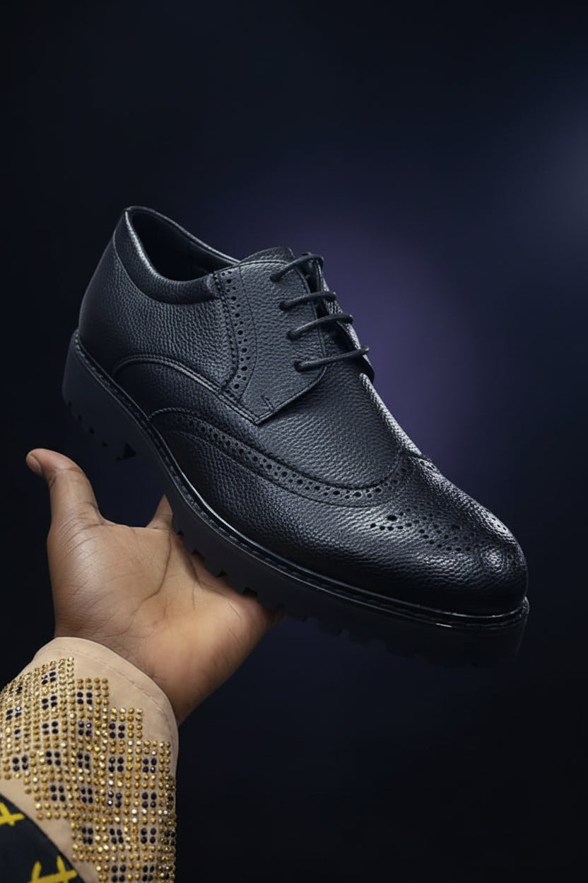Black textured leather brogue lace-up shoes