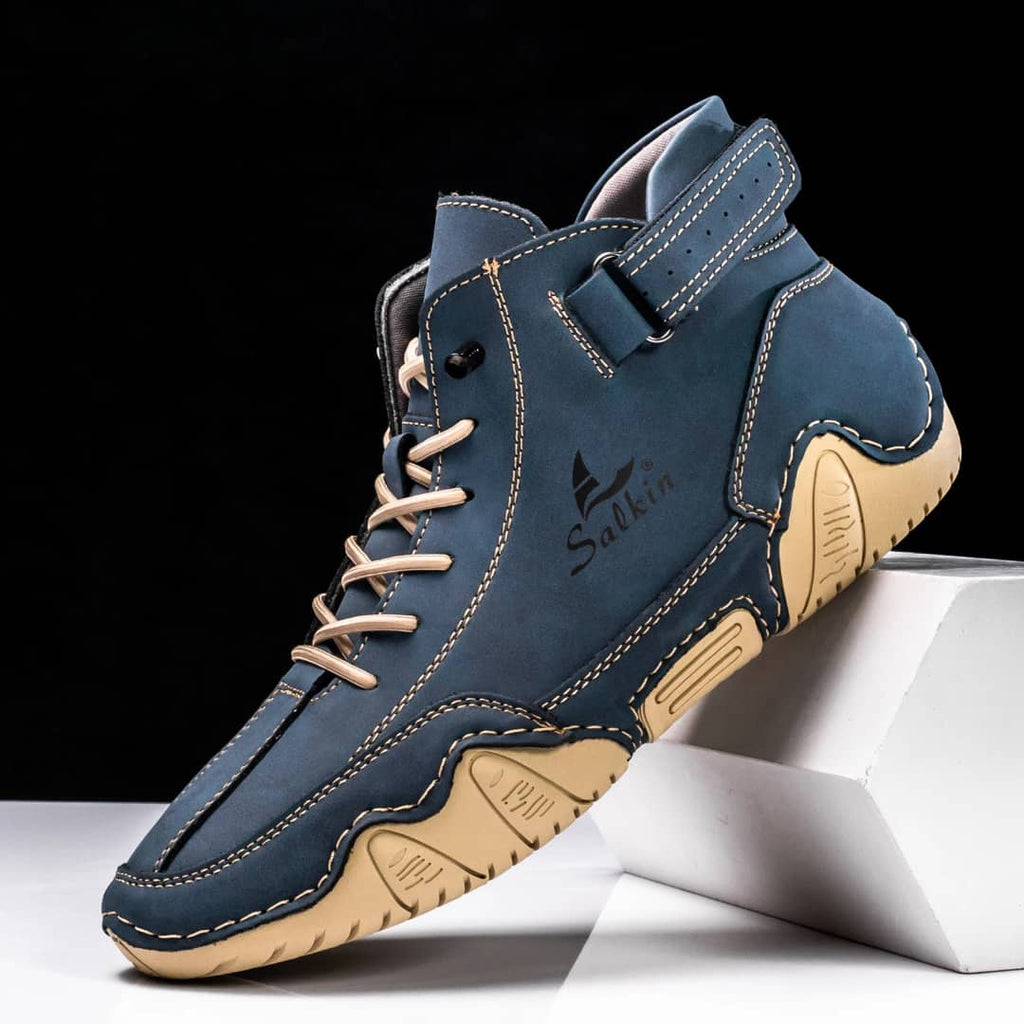Blue high-top casual leather walking shoes