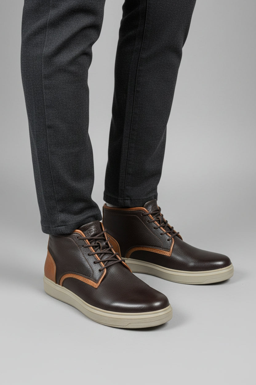 Black and brown leather mid-top casual boot