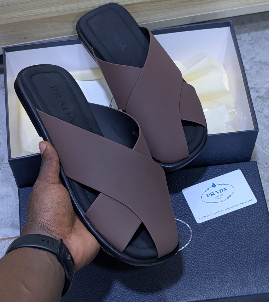 Prada Saffiano leather crisscross slide sandals