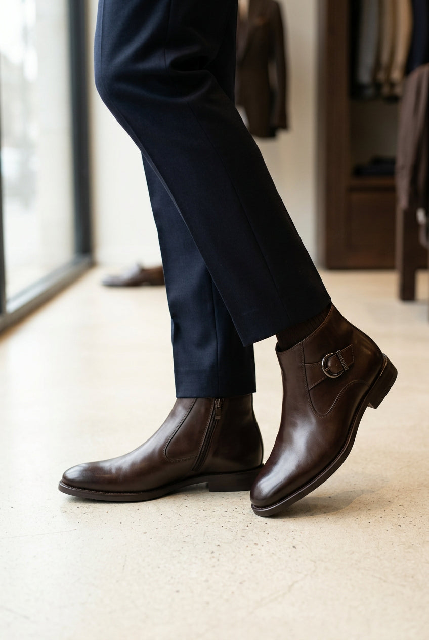 Dark leather ankle boots