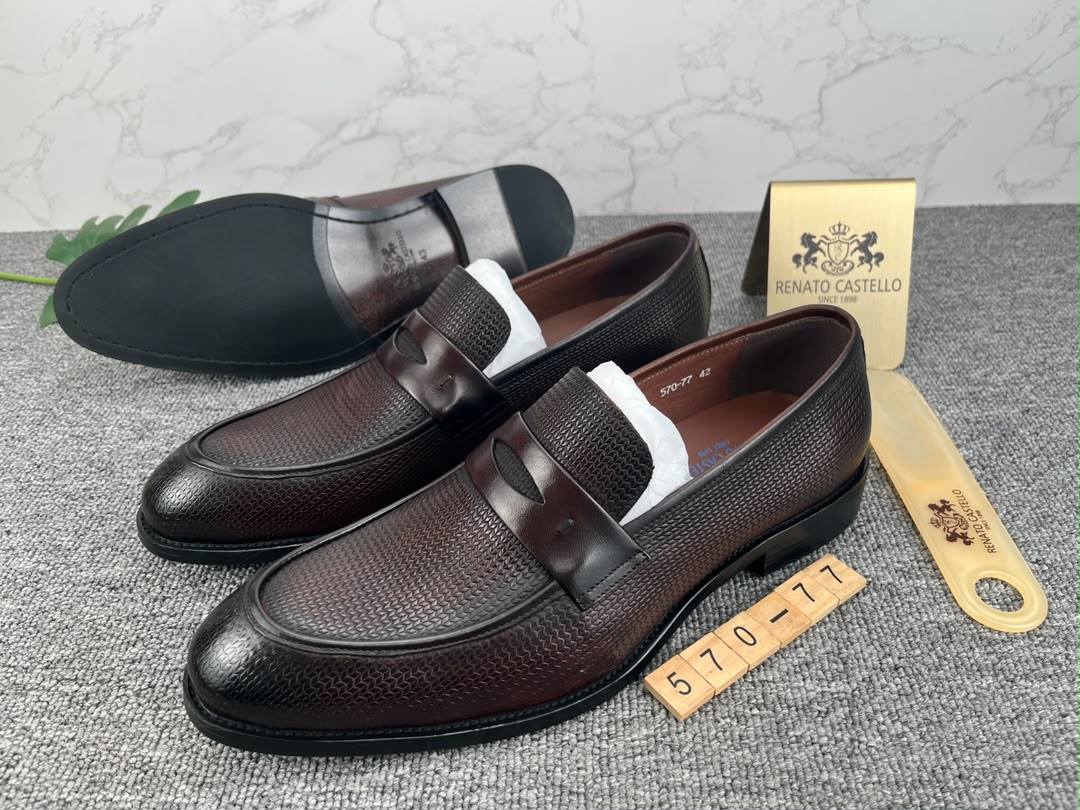 Brown Renato Castello textured leather penny loafers