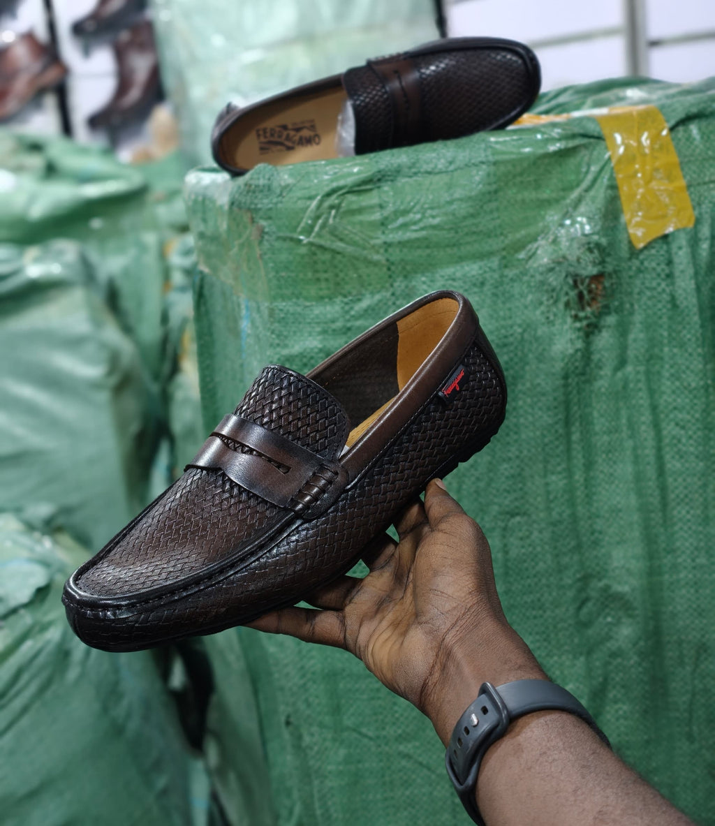 Dark brown woven leather slip-on driving loafer