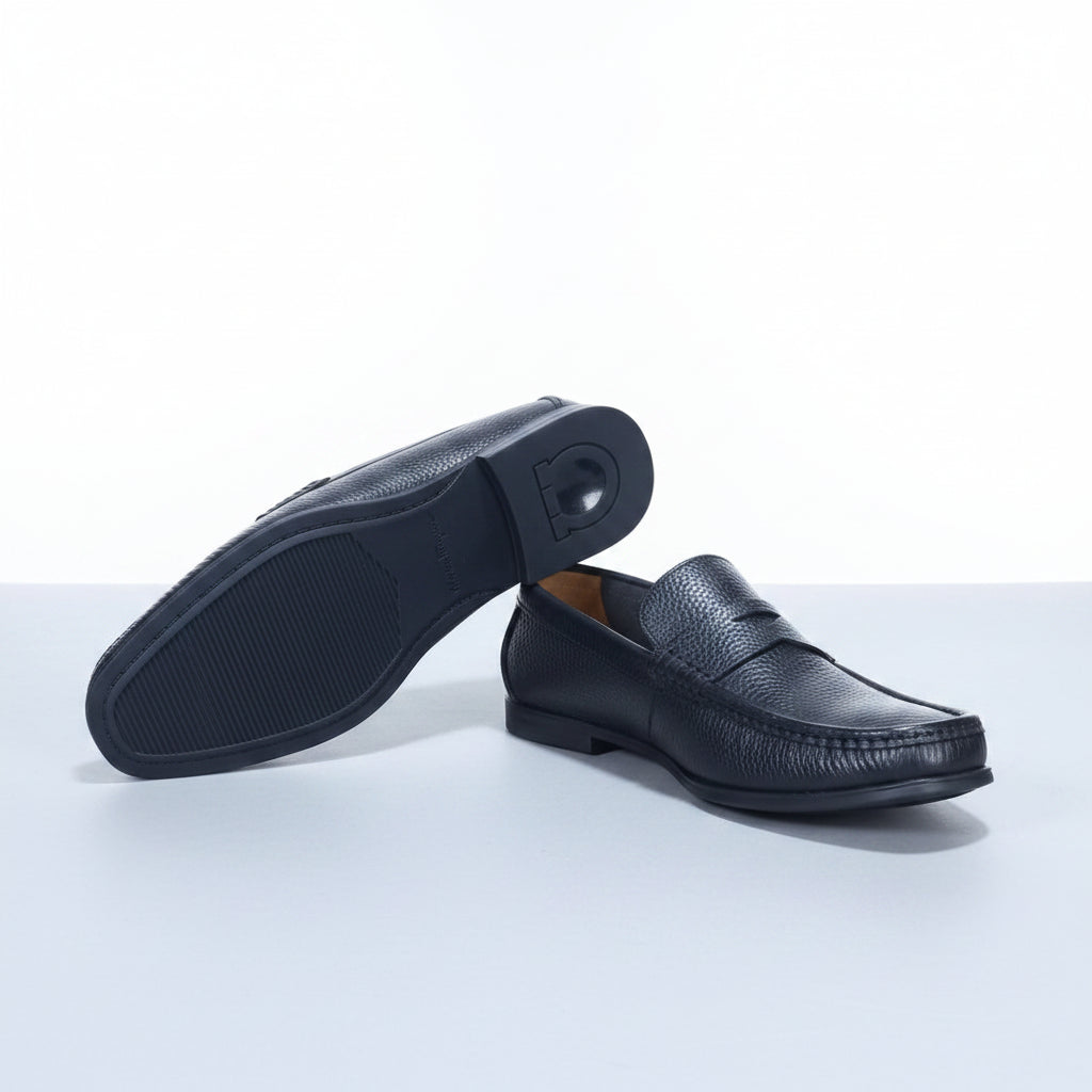Black pebble-grained leather penny loafers