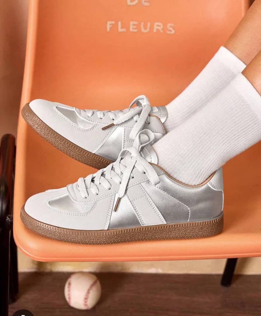 Silver and off-white retro low-top sneakers