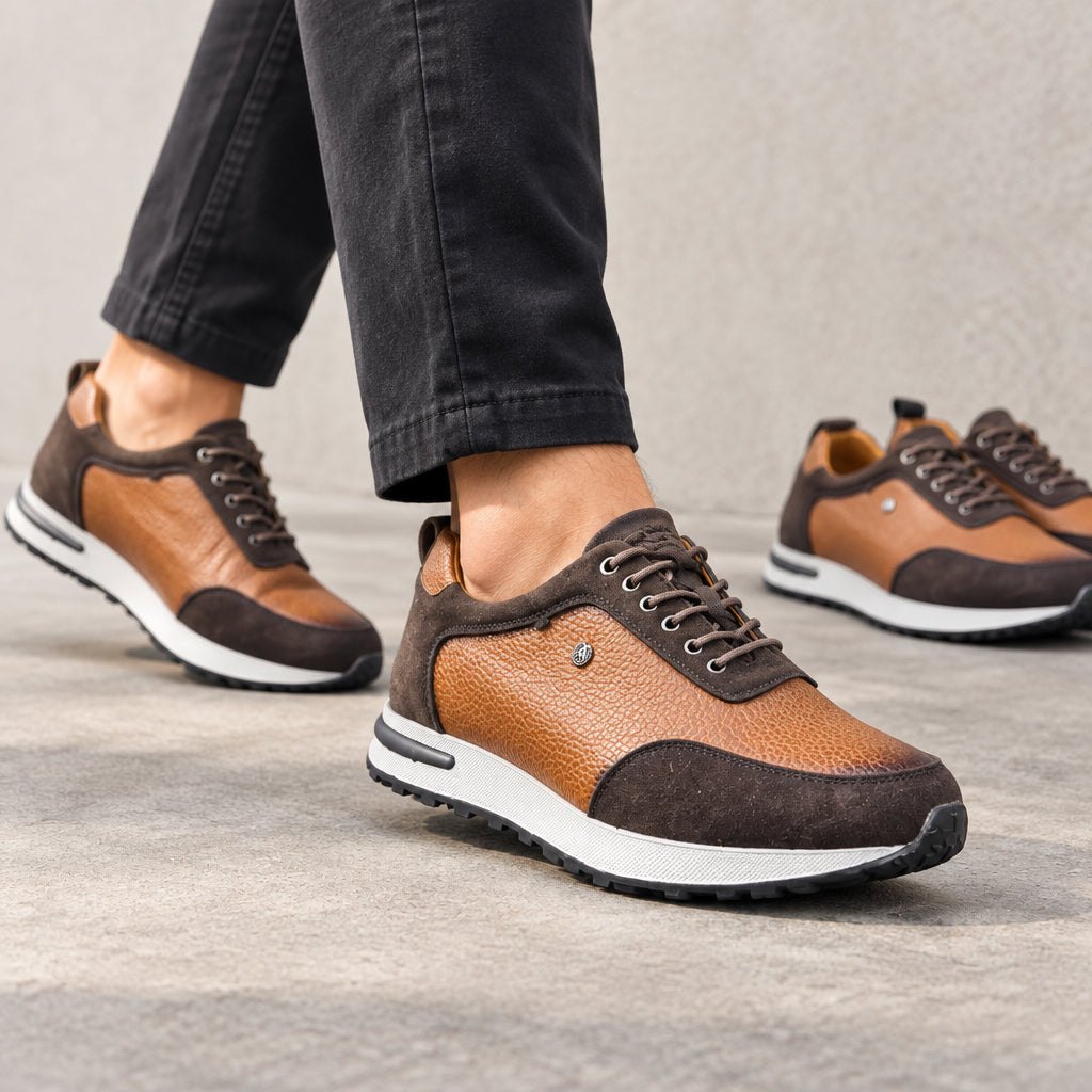 Brown and dark-brown leather casual low-top sneakers