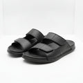 Black pebble-grain leather double-strap slide sandals