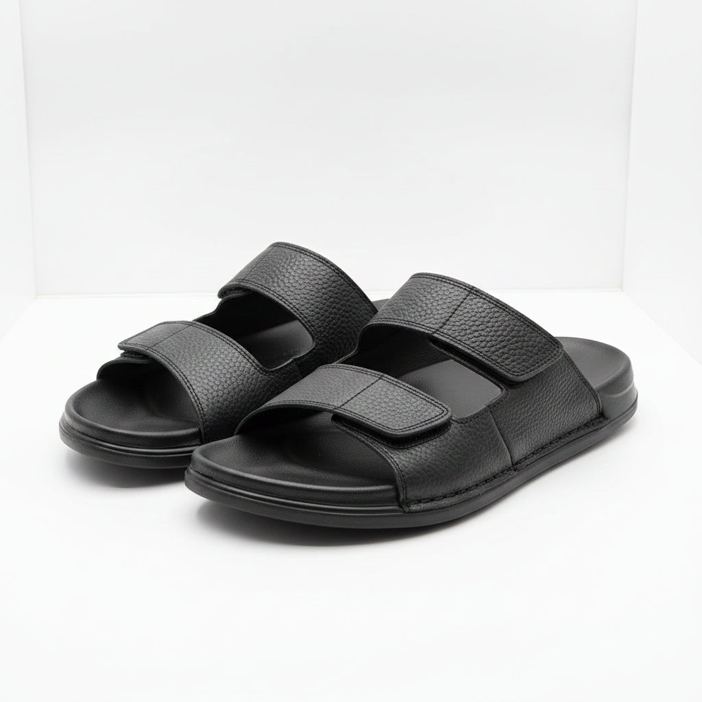 Black pebble-grain leather double-strap slide sandals