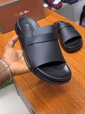 Black leather open-toe slide sandals