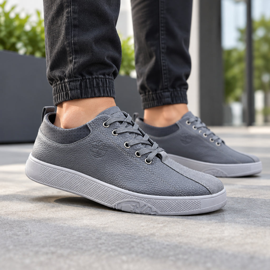 Grey leather low-top casual sneakers