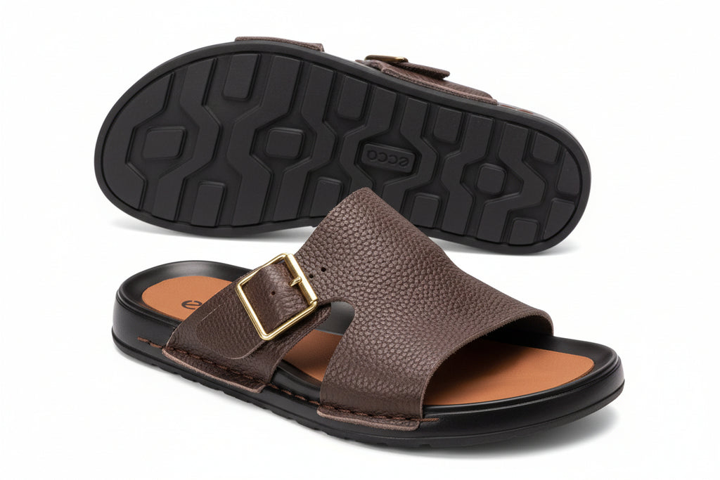 Brown pebbled leather Ecco slide sandals
