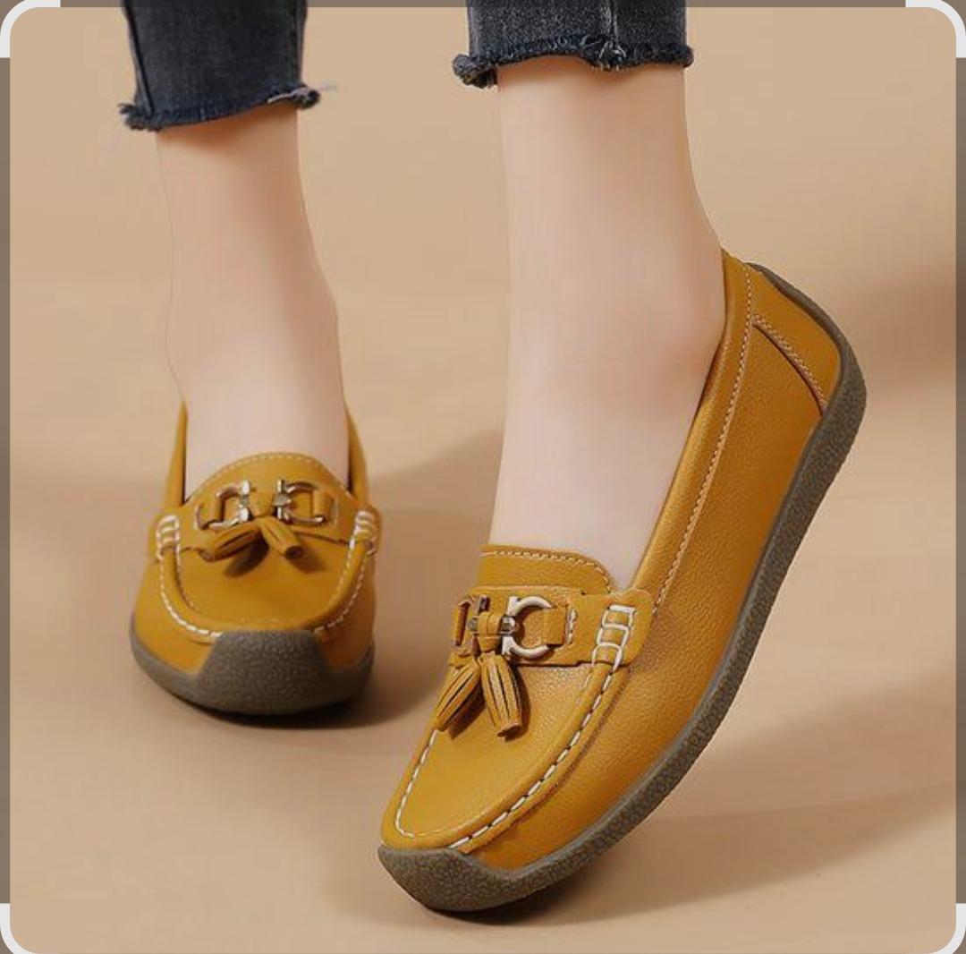 Yellow faux-leather slip-on flat loafers