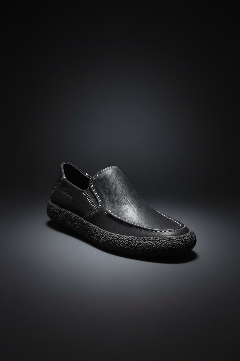 Black suede Clarks slip-on casual shoe