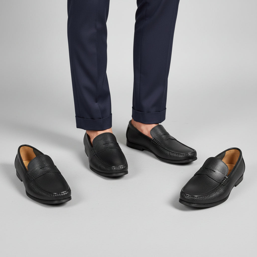 Black pebble-grained leather penny loafers