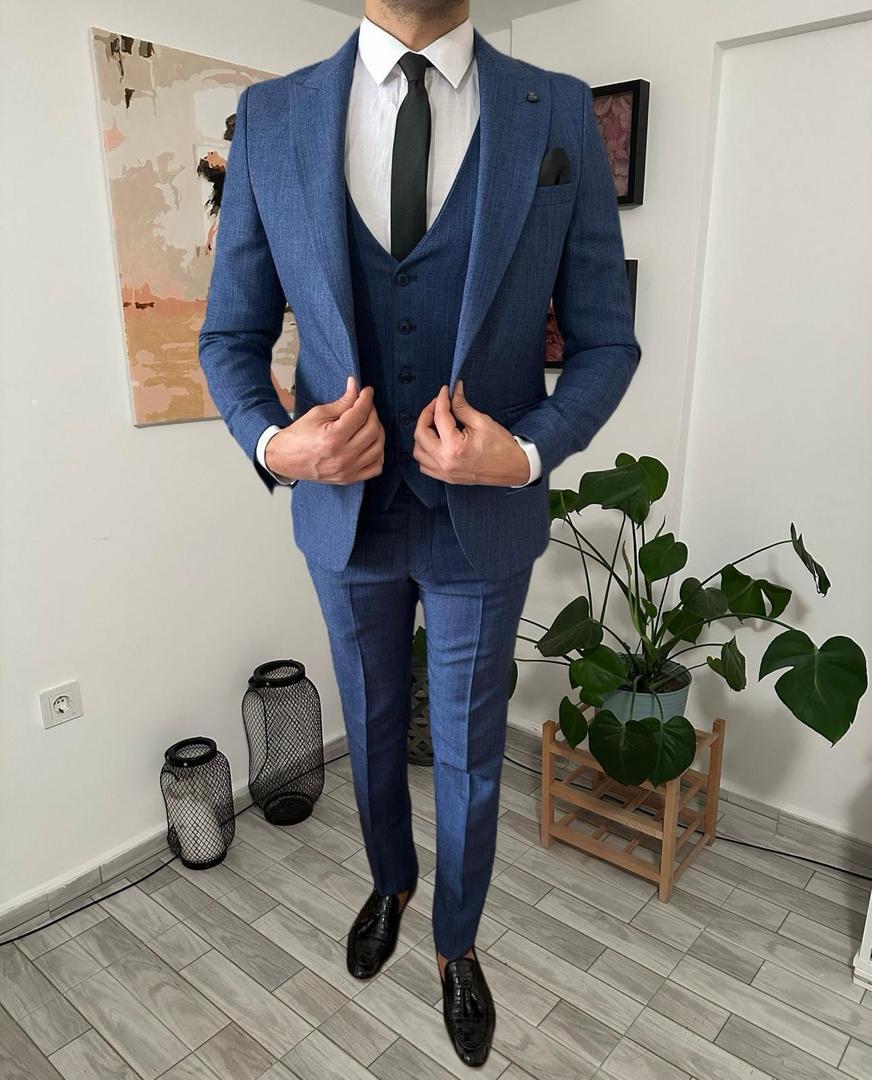 Royal blue three-piece slim-fit suit