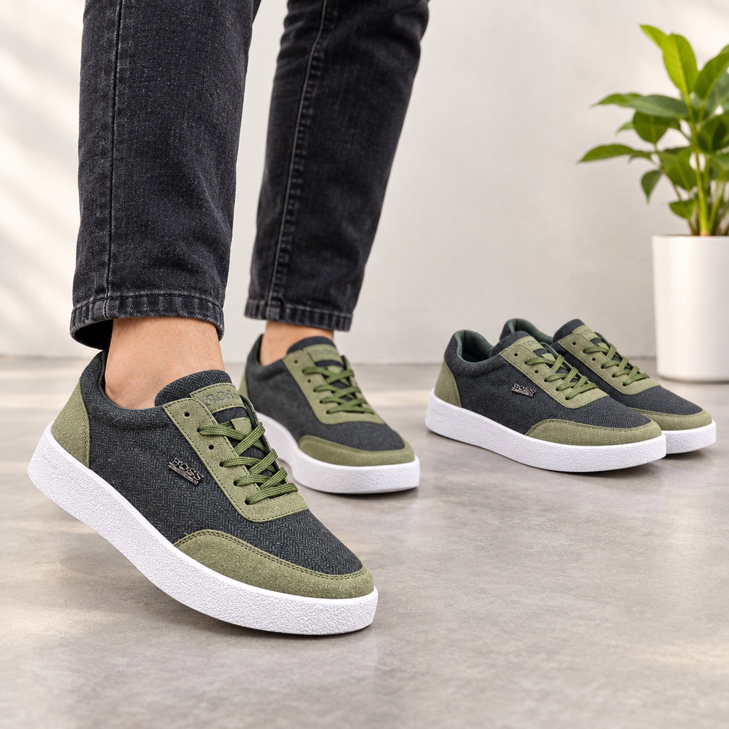 Green and dark grey low-top sneakers