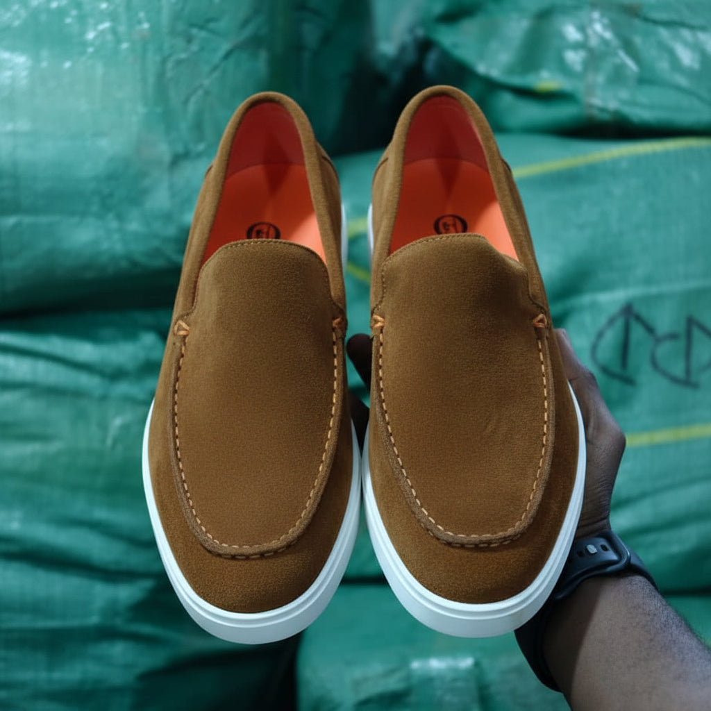 Brown suede slip-on loafers