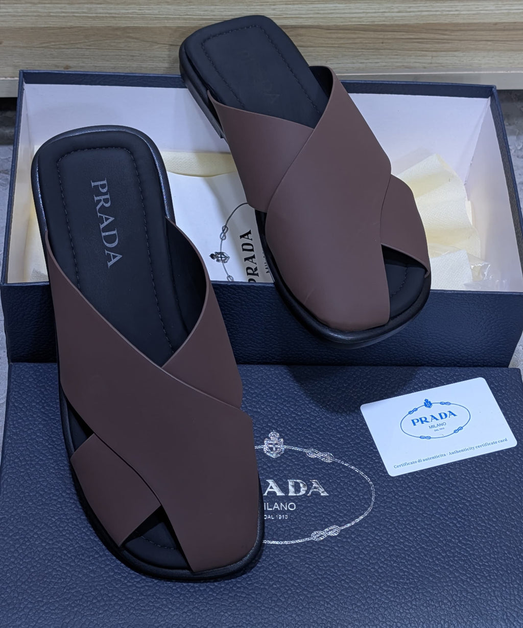 Prada Saffiano leather crisscross slide sandals