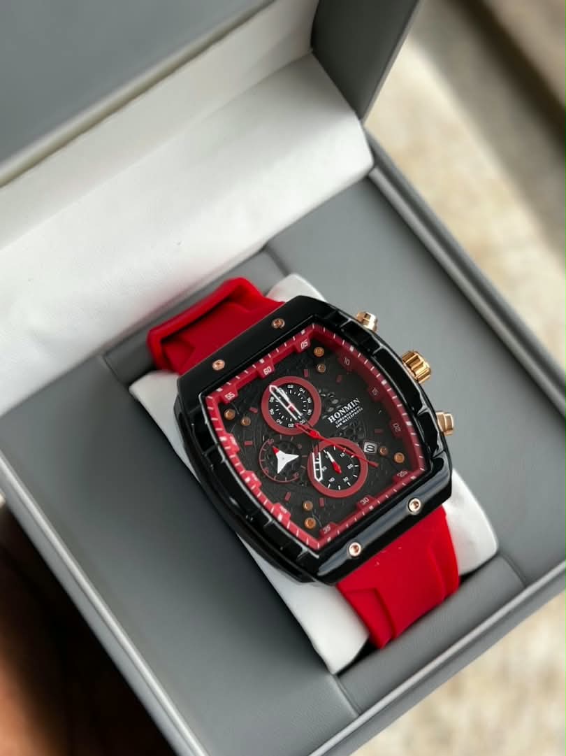 Red and black square chronograph watch