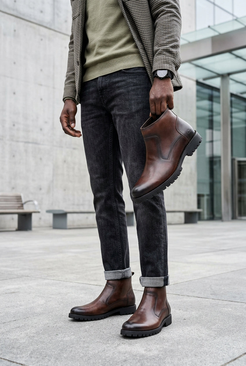Brown leather side-zip ankle boots