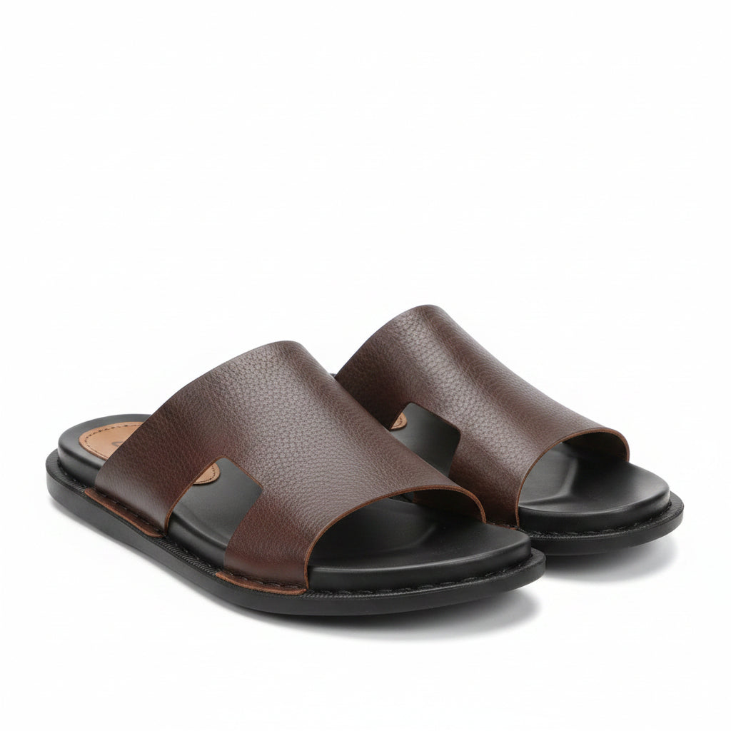 Brown textured leather slip-on sandals