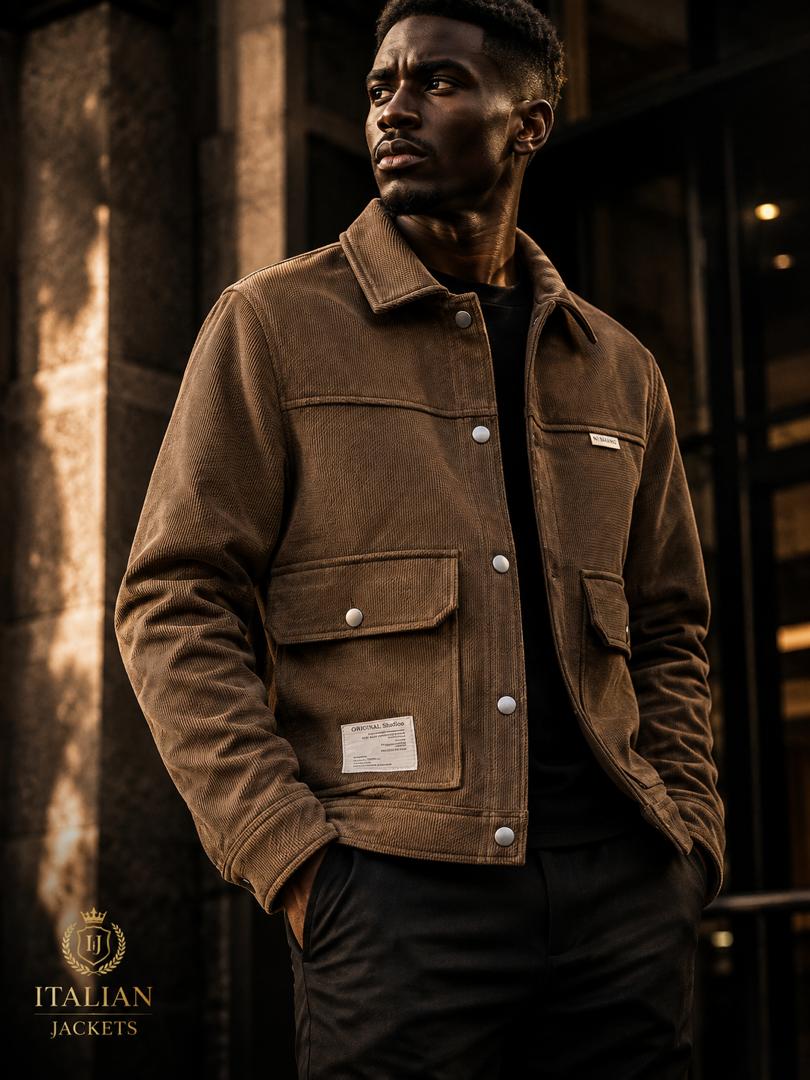 Corduroy utility jacket with front button pockets and a collar.