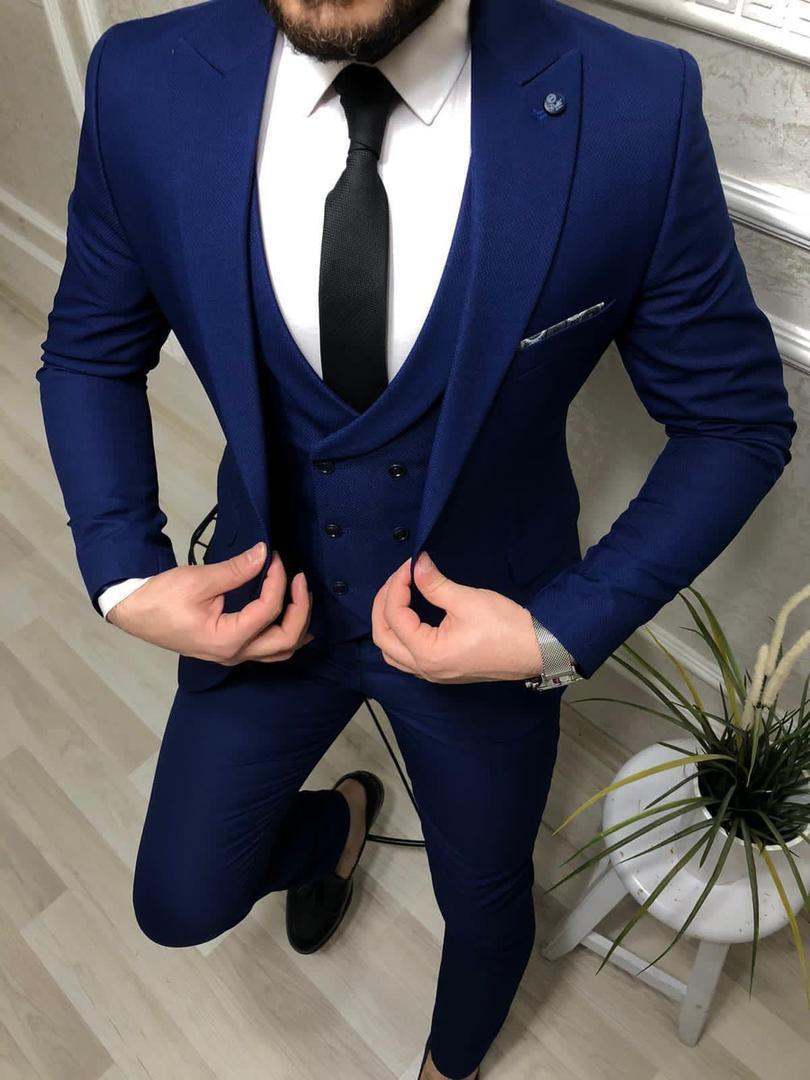 Royal blue three-piece slim-fit suit