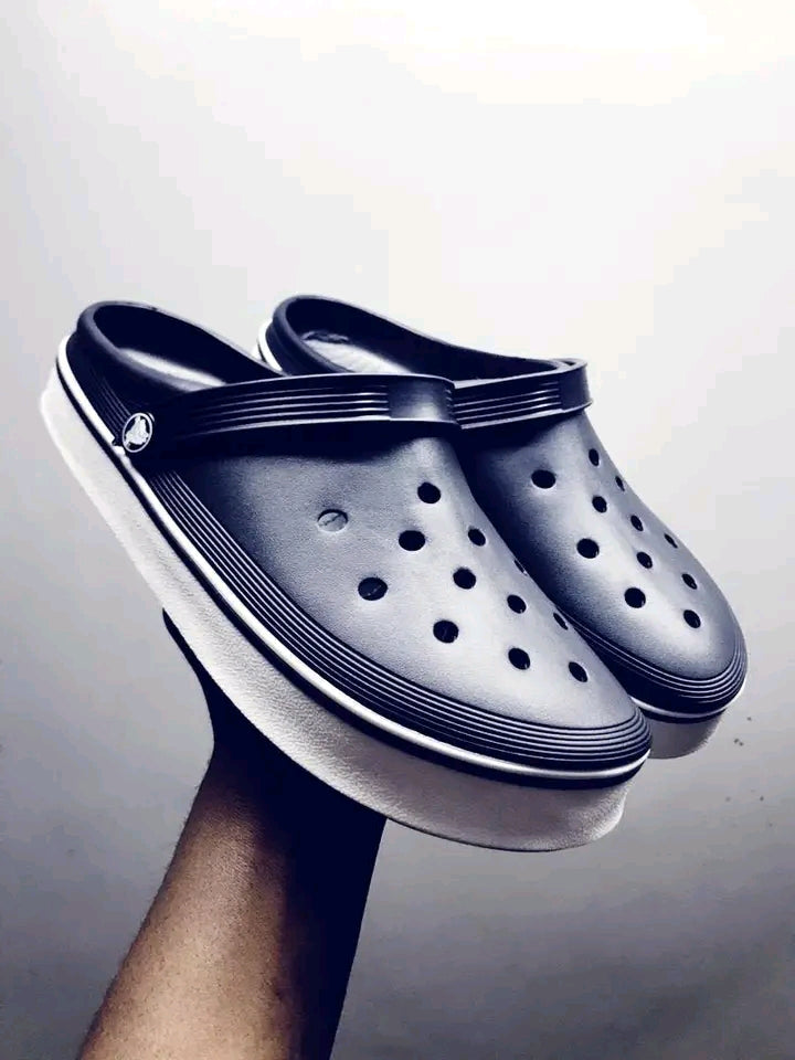 Black and white platform version of the Crocs Off Court Clog