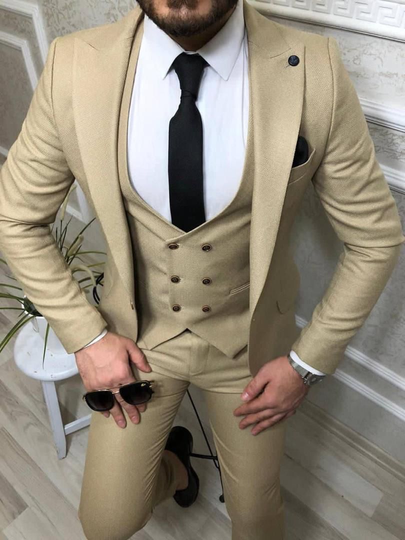 Stylish beige three-piece slim-fit suit