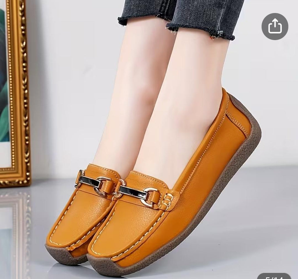 Yellow faux-leather slip-on flat loafers