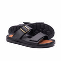 Black textured leather double-strap slide sandals