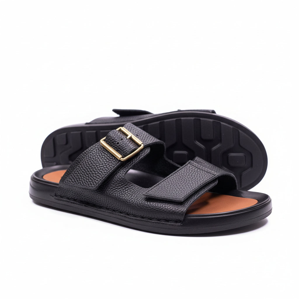 Black textured leather double-strap slide sandals