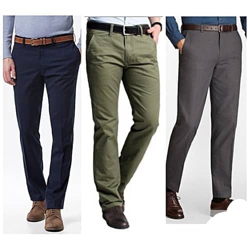 Men's casual and business-formal trousers available in multi-packs, including navy blue, olive/army green, and grey