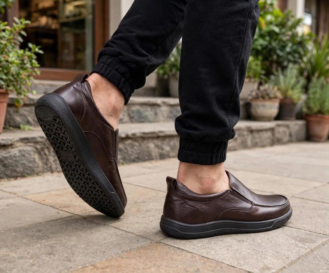 Brown leather comfort slip-on shoes