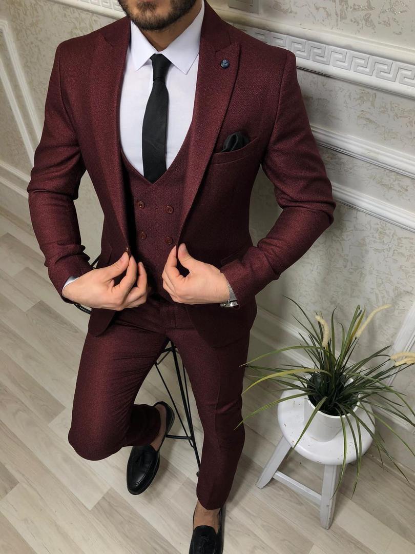 Slim-fit, three-piece burgundy suit