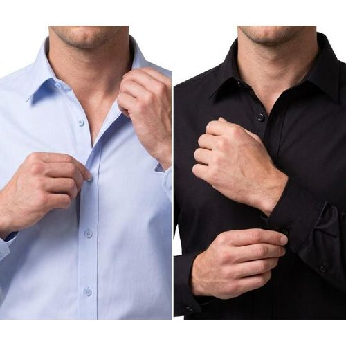 2 Pack Of Men's Cotton Office Shirts Long Sleeve - Blue & Black