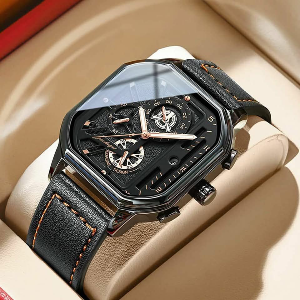 Quartz wristwatch with a black geometric square dial