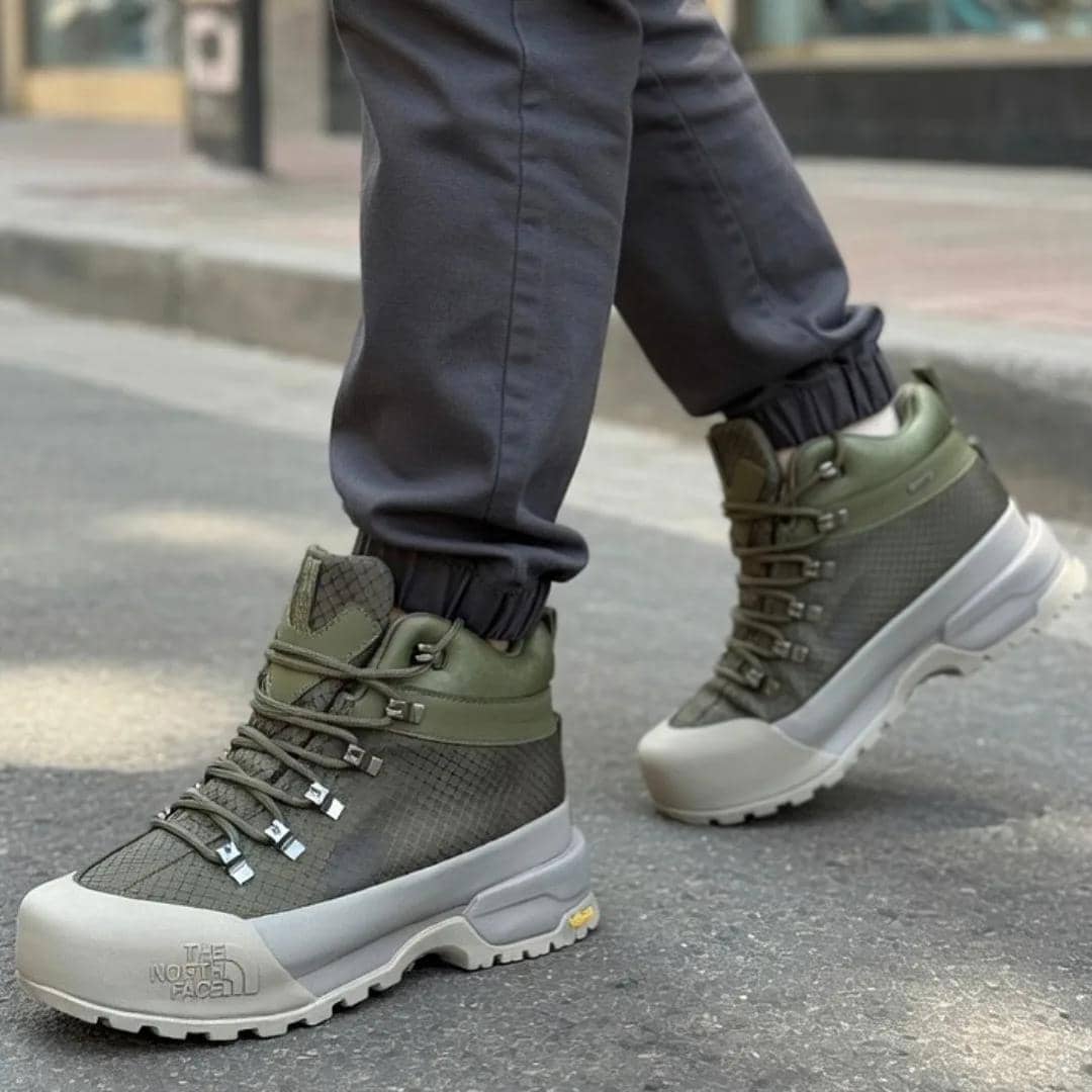 Olive green and grey high-top utility boot
