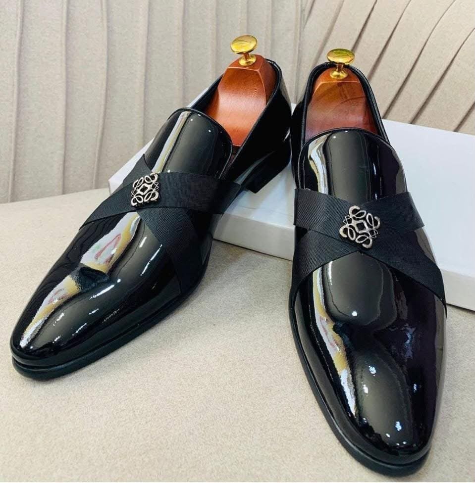 Glossy black patent leather men's dress loafer