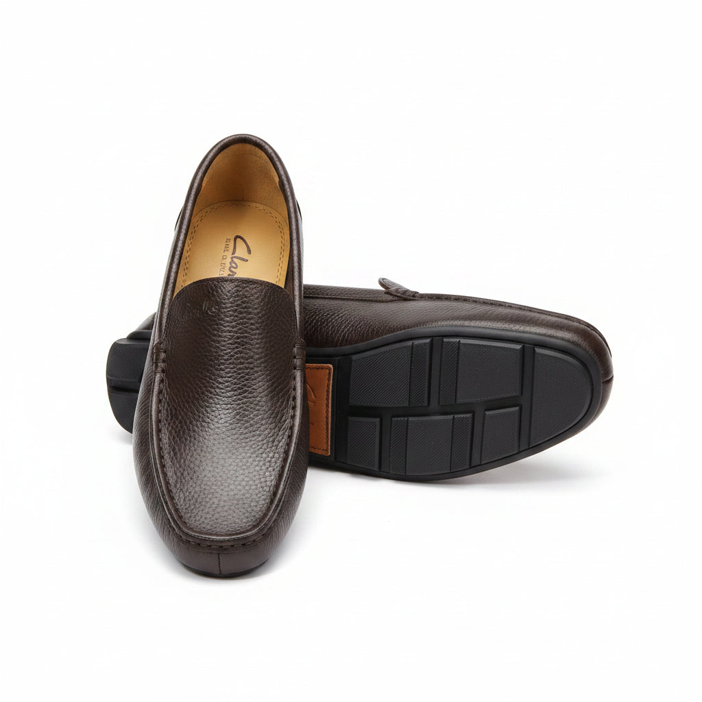 Brown pebbled leather slip-on driving moccasins