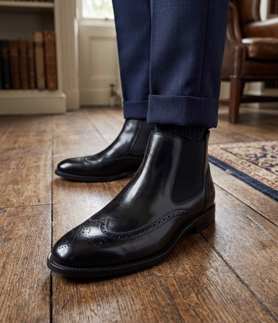 Black leather wingtip brogue Chelsea boot