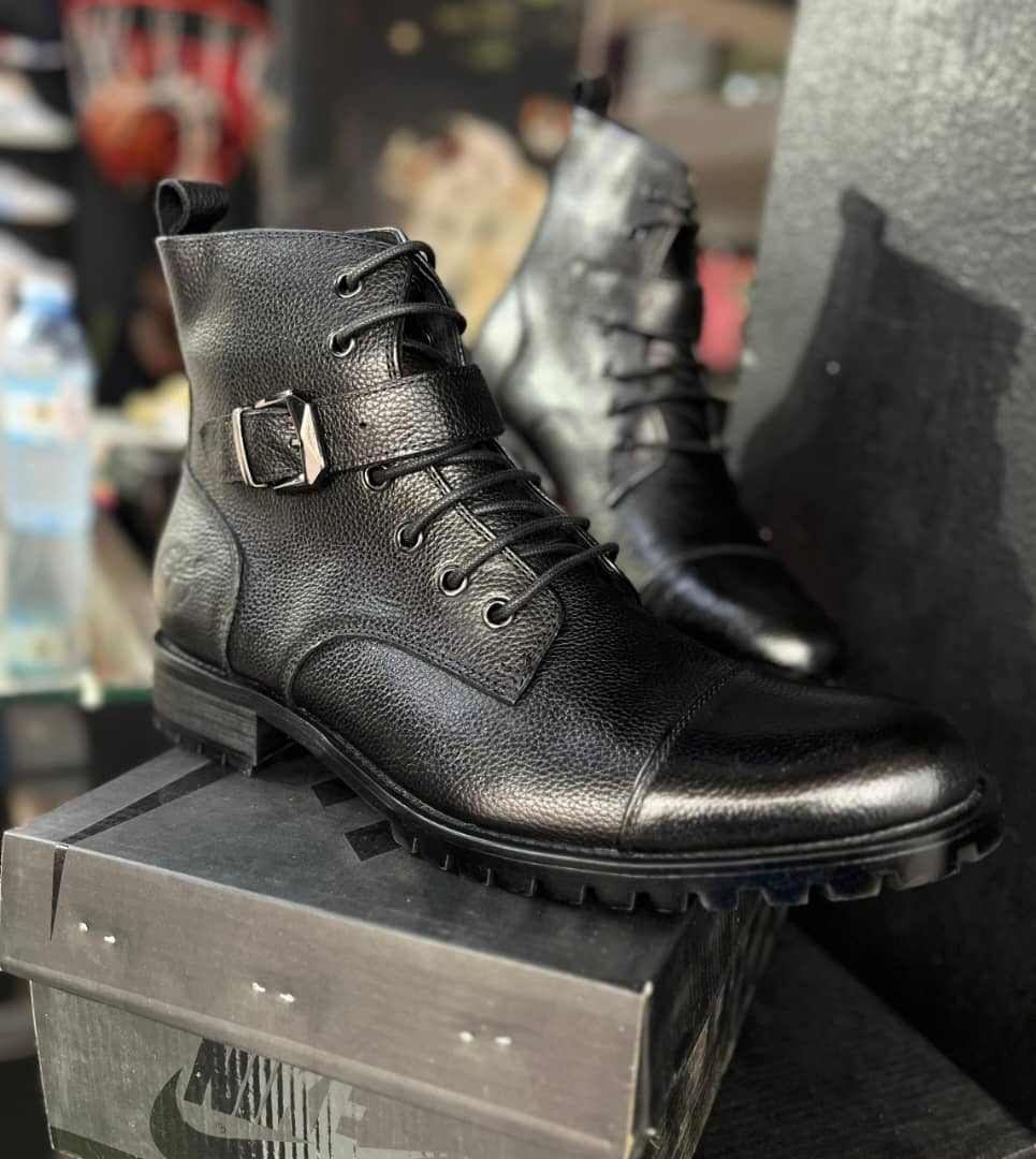 Black pebbled leather dress boots