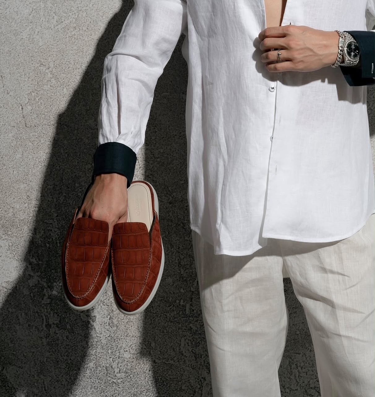 Handcrafted Vlad Bykov nubuck crocodile and suede slip-on shoes