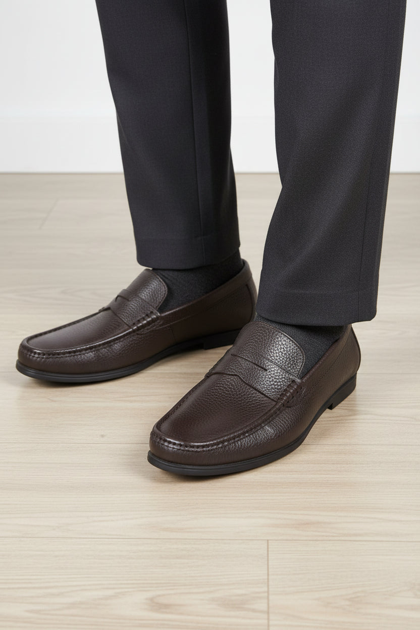 Dark brown pebbled leather penny loafers