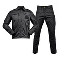 Black tactical uniform set consisting of a long-sleeve multi-pocket zip jacket and matching cargo trousers.